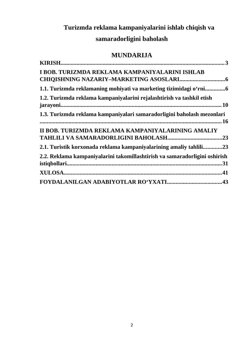 Turizmda reklama kampaniyalarini ishlab chiqish va samaradorligini baholash 1