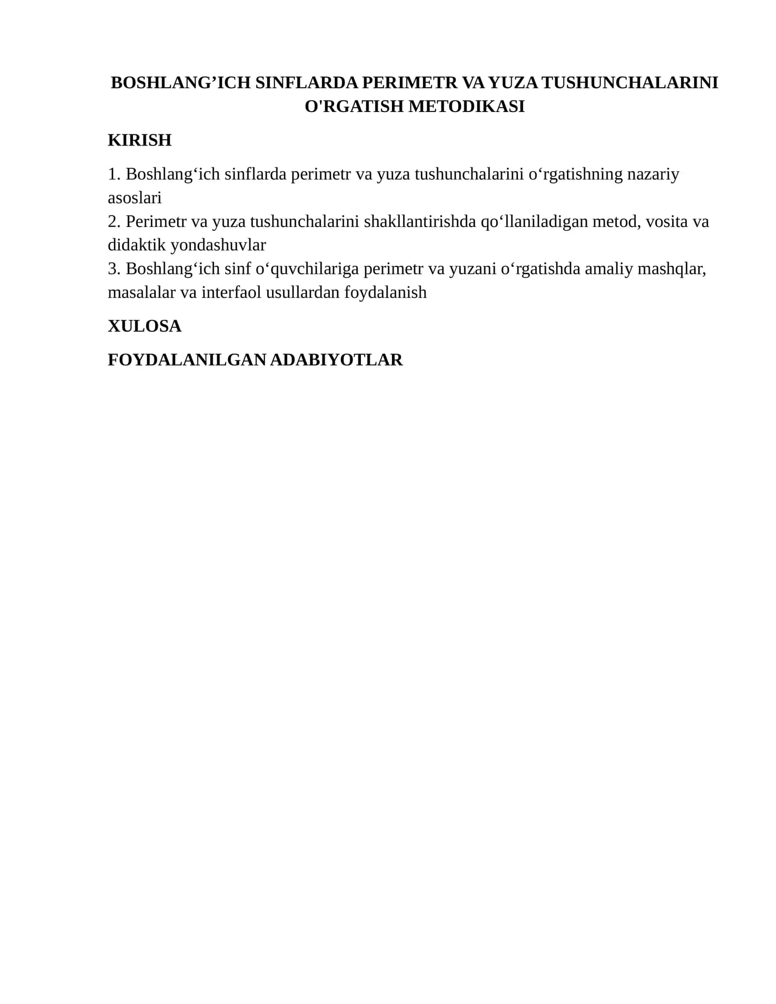 Boshlang‘ich sinflarda perimetr va yuza tushunchalarini o'rgatish metodikasi 1