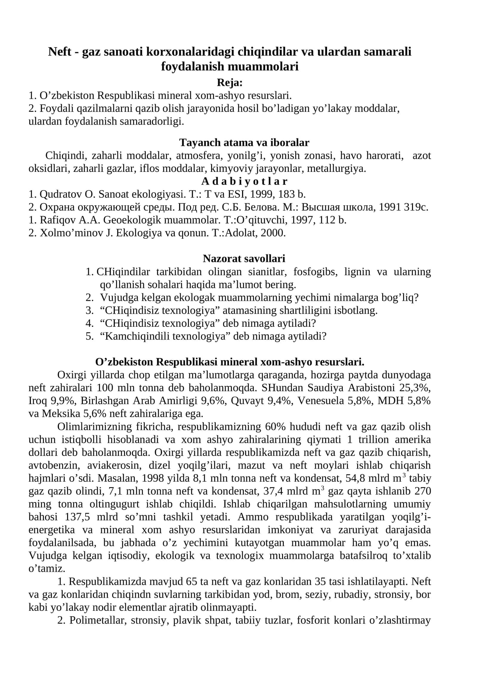 Neft - gaz sanoati korxonalaridagi chiqindilar va ulardan samarali foydalanish muammolari 1