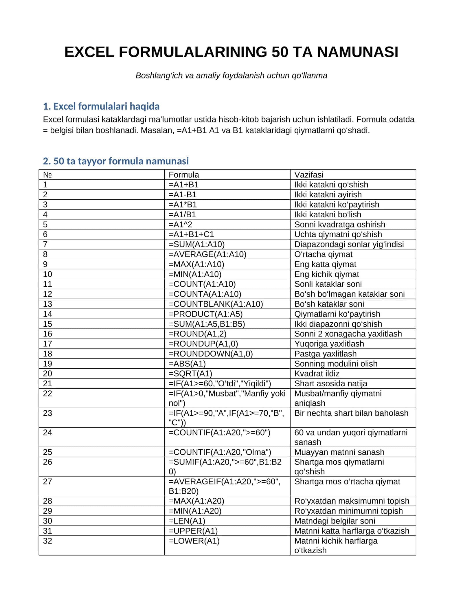 EXCEL FORMULALARINING 50 TA NAMUNASI 1