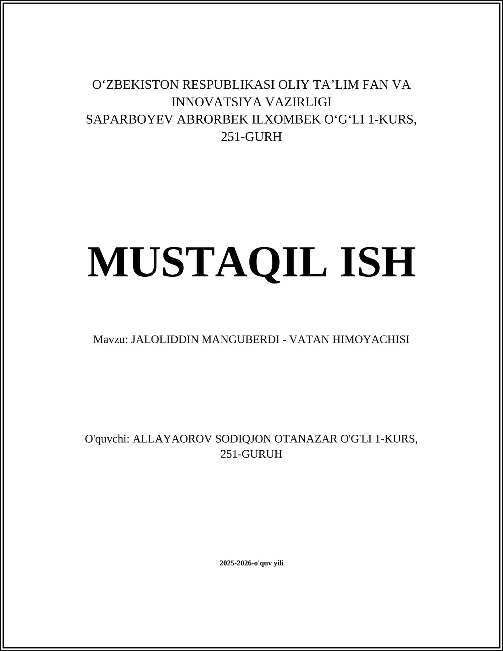 JALOLIDDIN MANGUBERDI - VATAN HIMOYACHISI 1