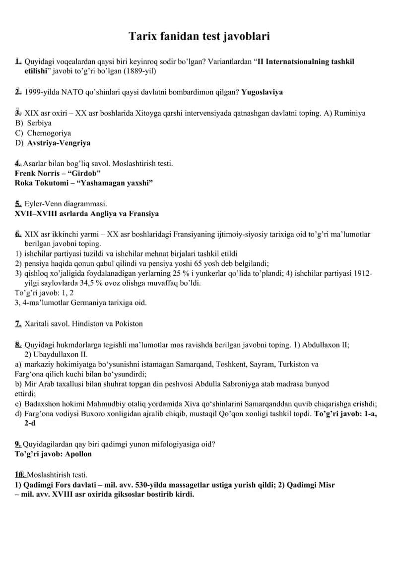 Tarix fanidan asosiy testlar 1