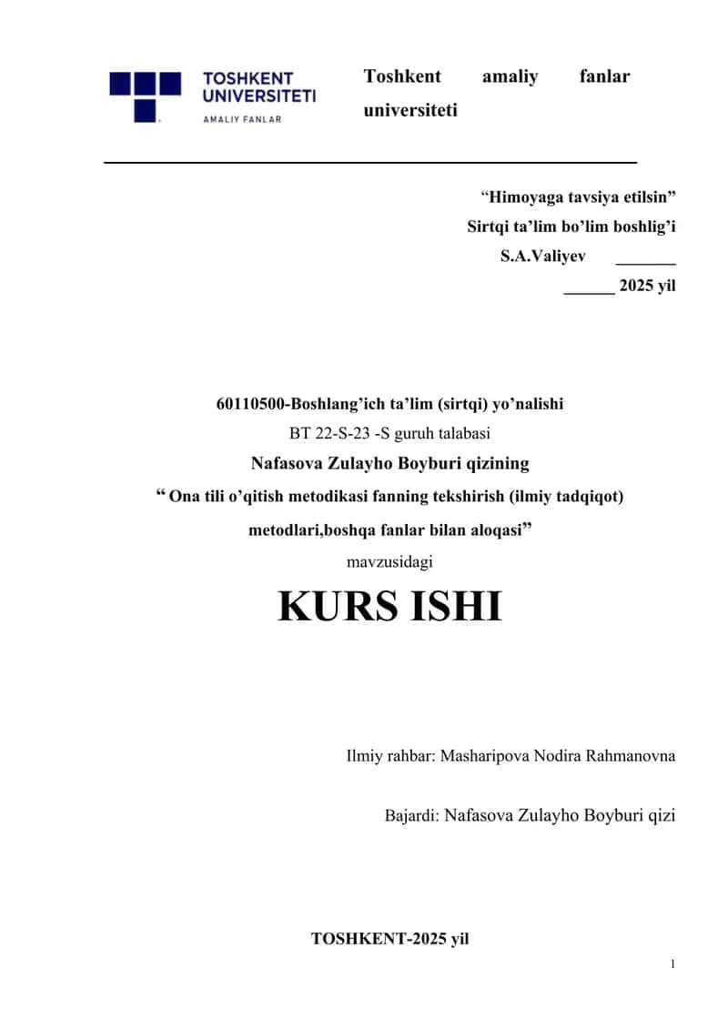 Ona tili o’qitish metodikasi fanning tekshirish (ilmiy tadqiqot) metodlari,boshqa fanlar bilan aloqasi. 1