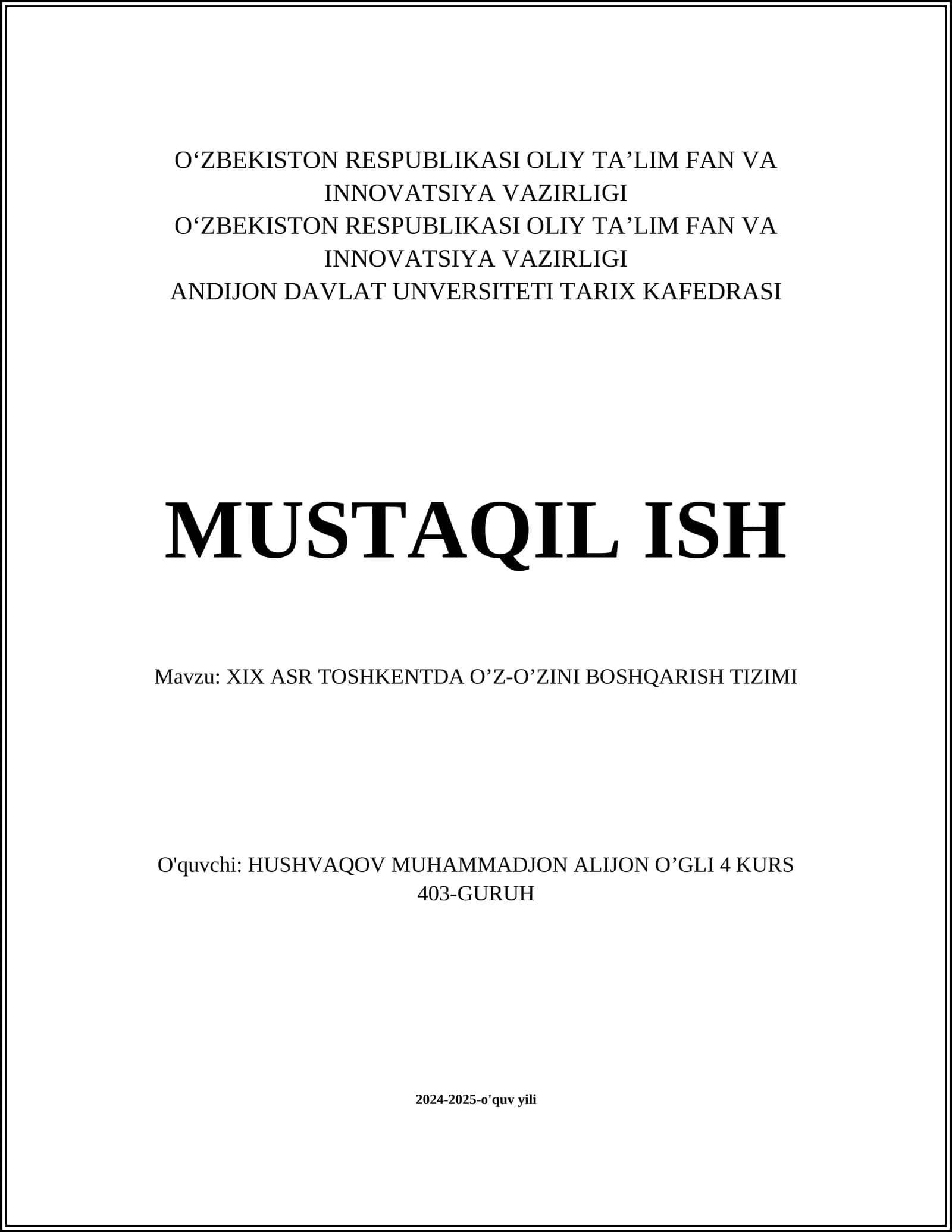XIX ASR TOSHKENTDA O’Z-O’ZINI BOSHQARISH TIZIMI 1