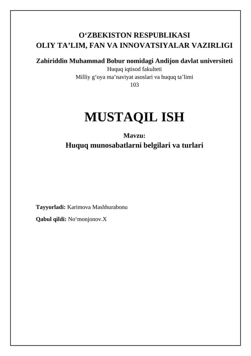 Huquq munosabatlarni belgilari va turlari 1