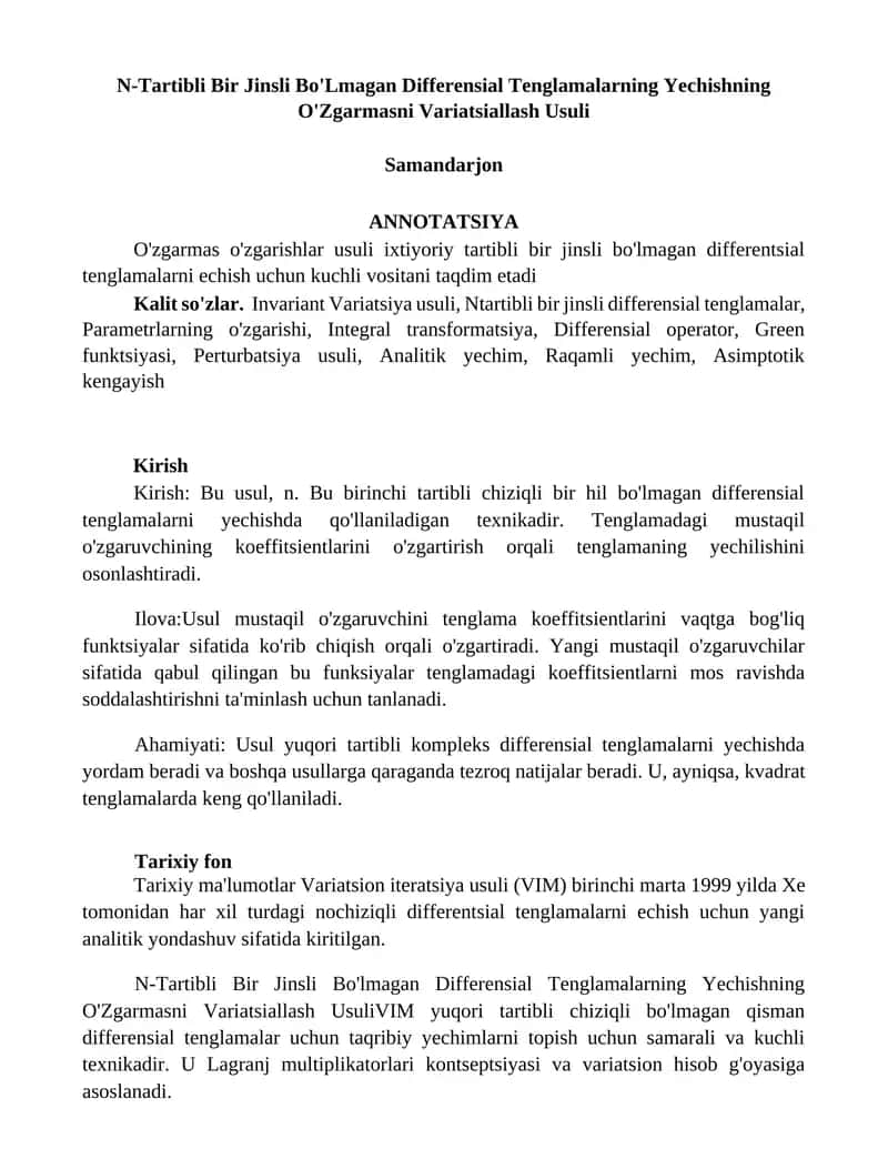 N-Tartibli Bir Jinsli Bo'Lmagan Differensial Tenglamalarning Yechishning O'Zgarmasni Variatsiallash Usuli 1