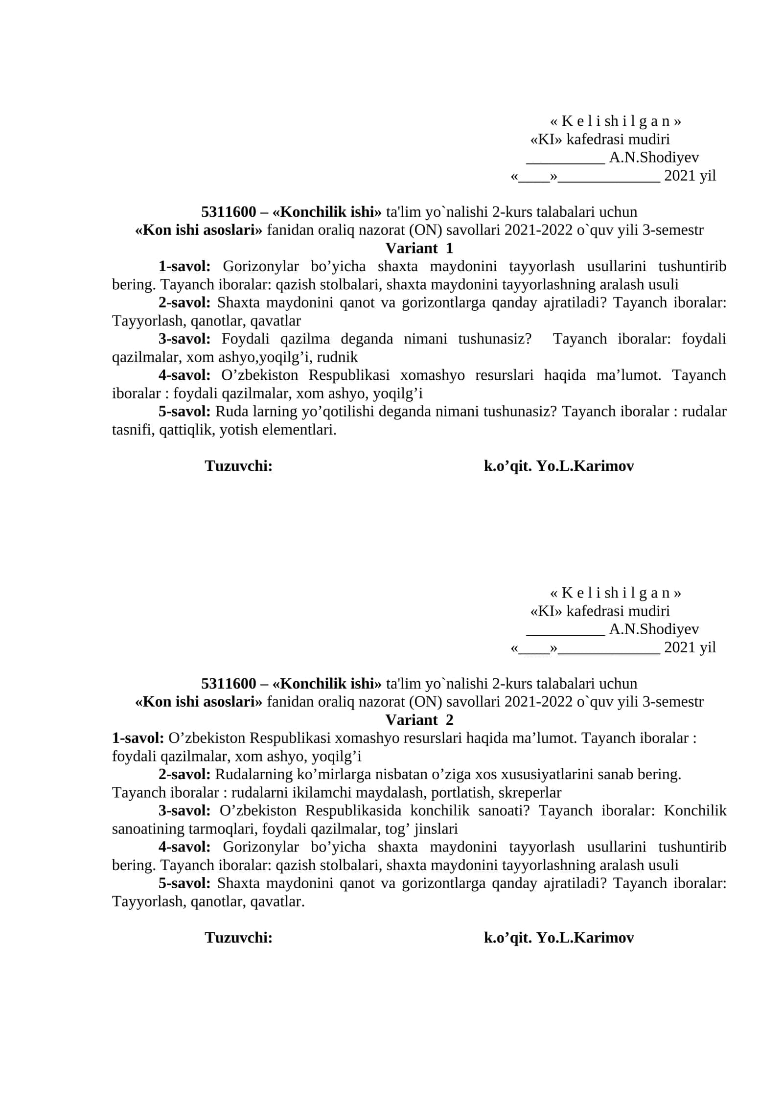 Kon ishi asoslari fanidan oraliq nazorat (ON) savollari 1