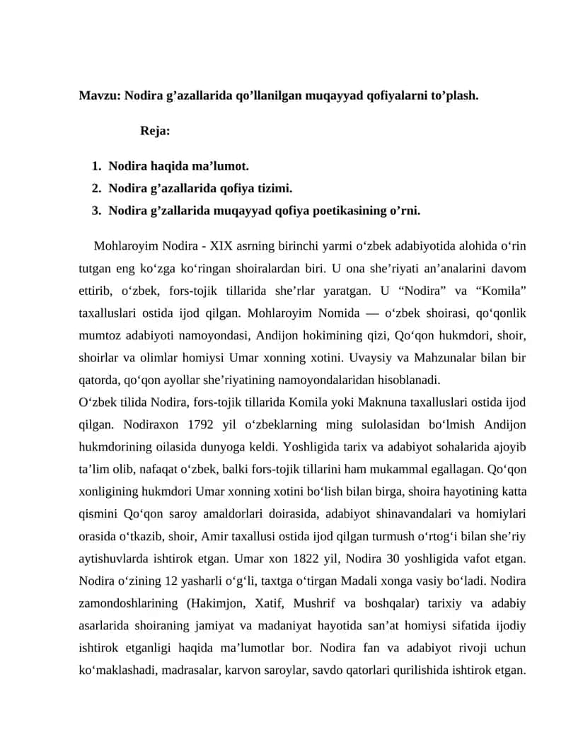 Nodira g’azallarida qo’llanilgan muqayyad qofiyalarni to’plash 1