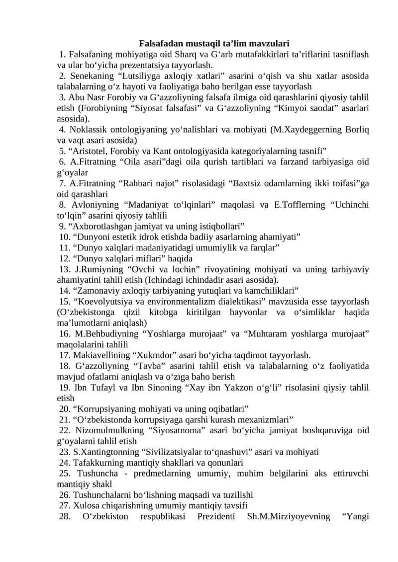 Falsafadan mustaqil ta’lim mavzulari 1