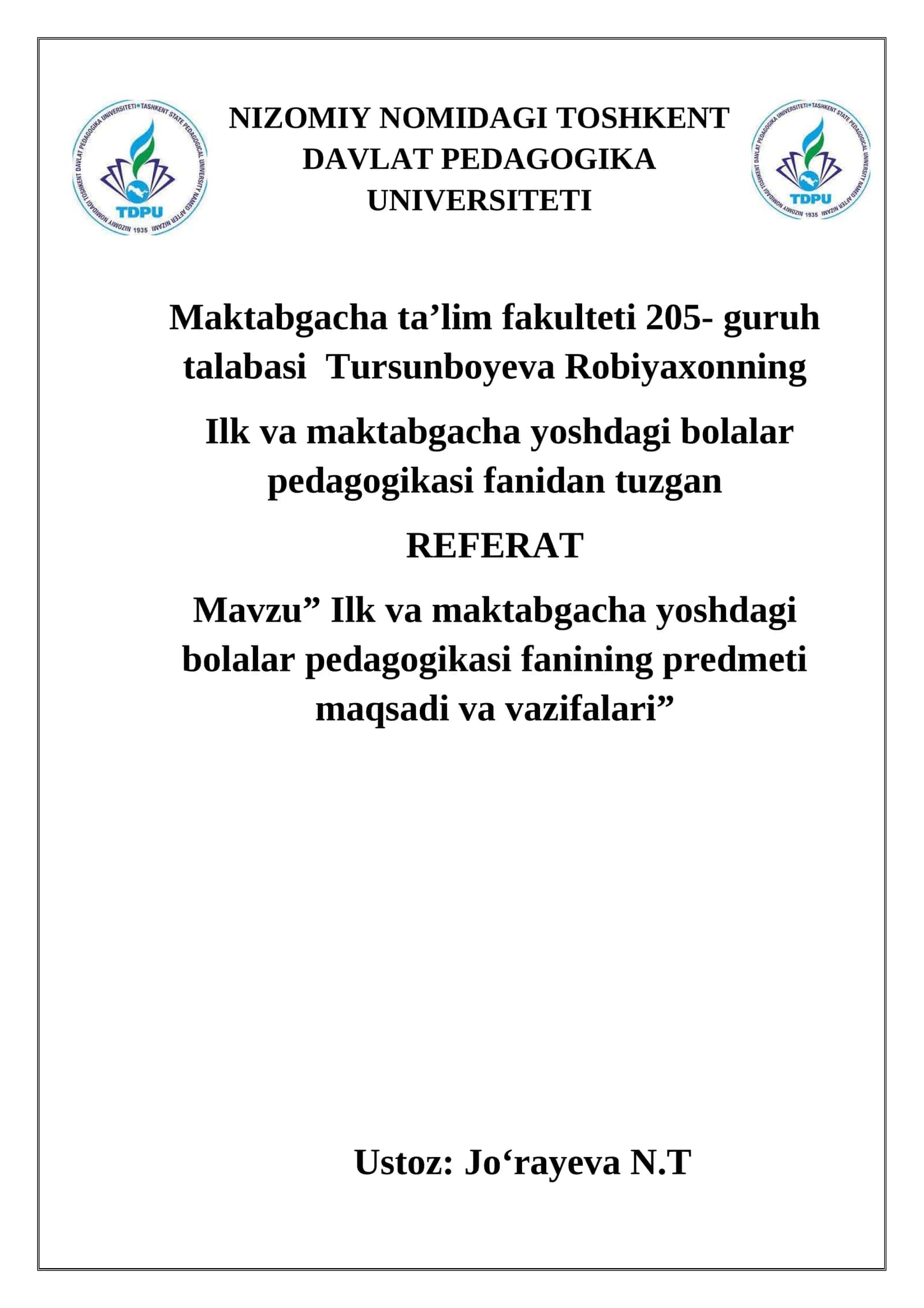 Ilk va maktabgacha yoshdagi bolalar pedagogikasi fanining predmeti maqsadi va vazifalari 1
