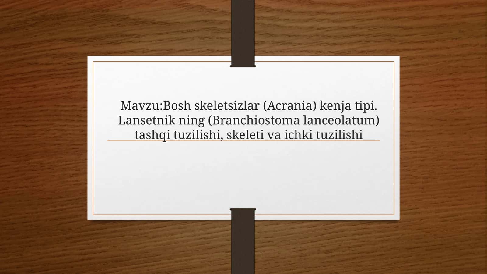 Mavzu:Bosh skeletsizlar (Acrania) kenja tipi. Lansetnik ning (Branchiostoma lanceolatum) tashqi tuzilishi, skeleti va ichki tuzilishi 1
