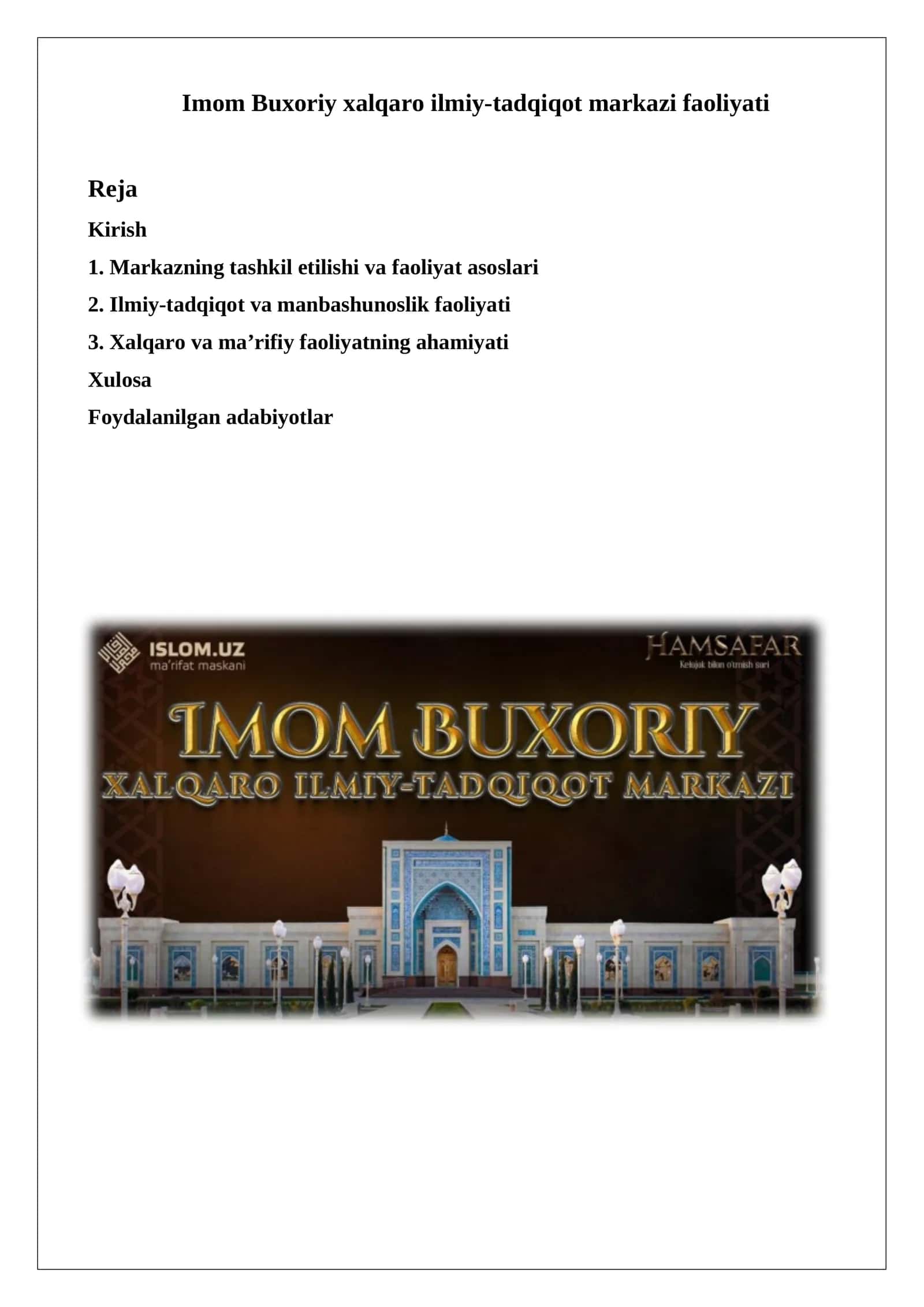 Imom Buxoriy xalqaro ilmiy-tadqiqot markazi faoliyati 1