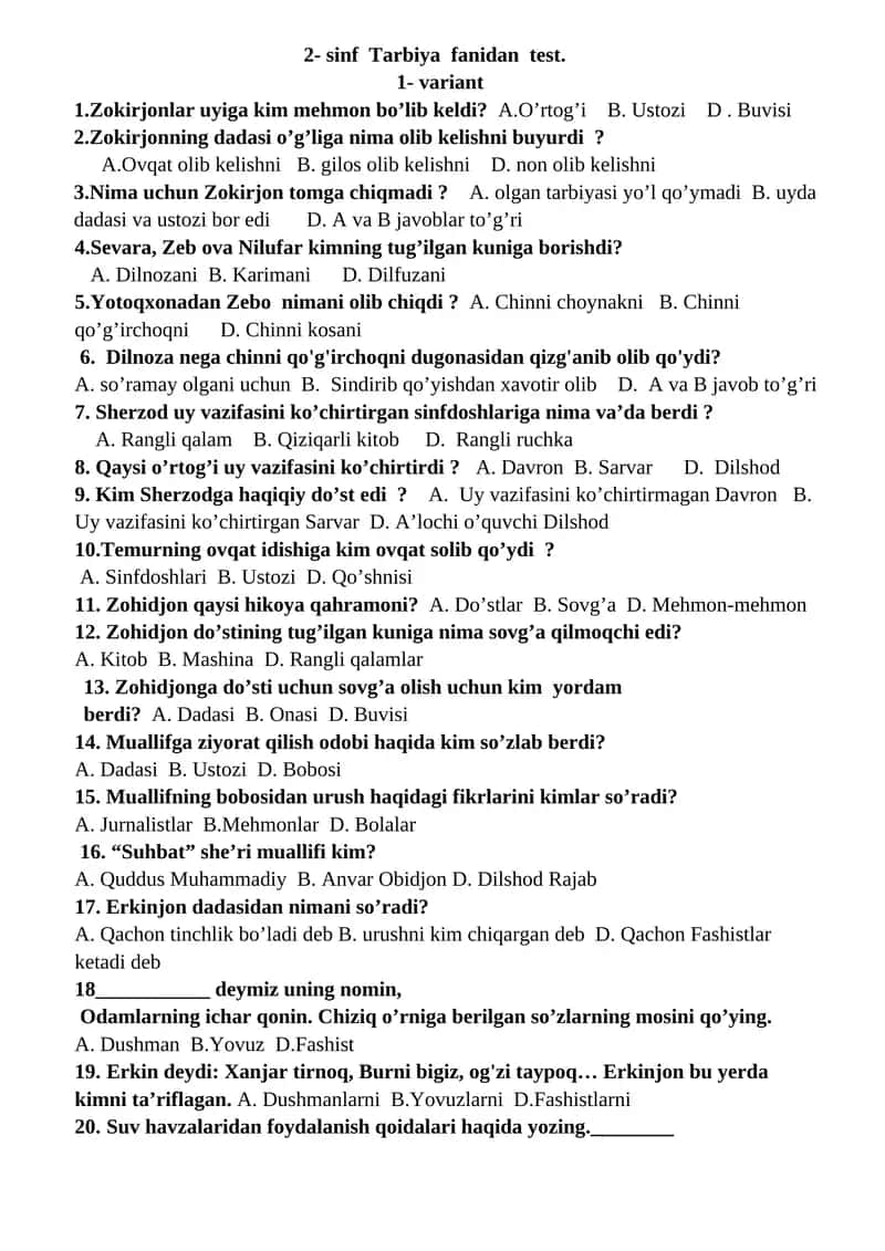 2- sinf Tarbiya fanidan test 1