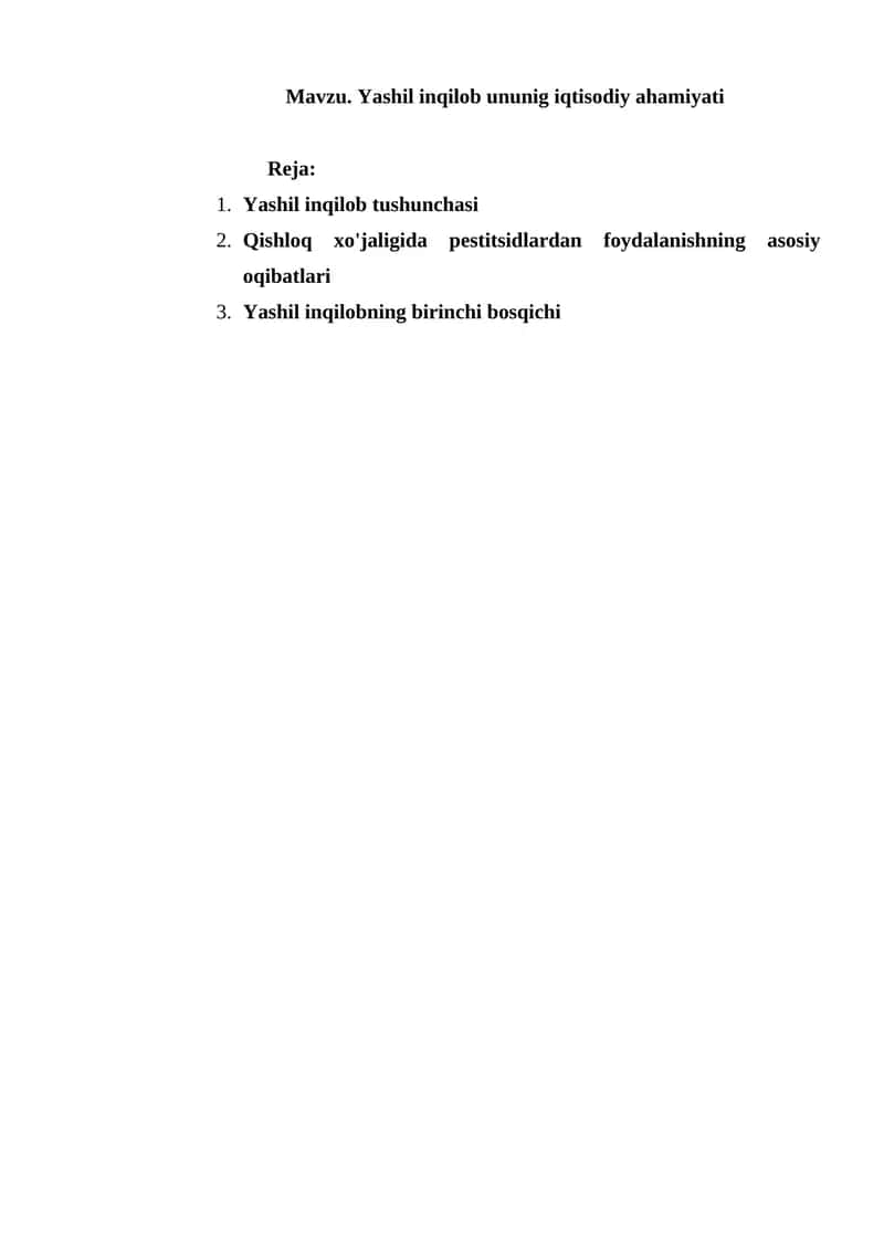 Yashil inqilob ununig iqtisodiy ahamiyati 1
