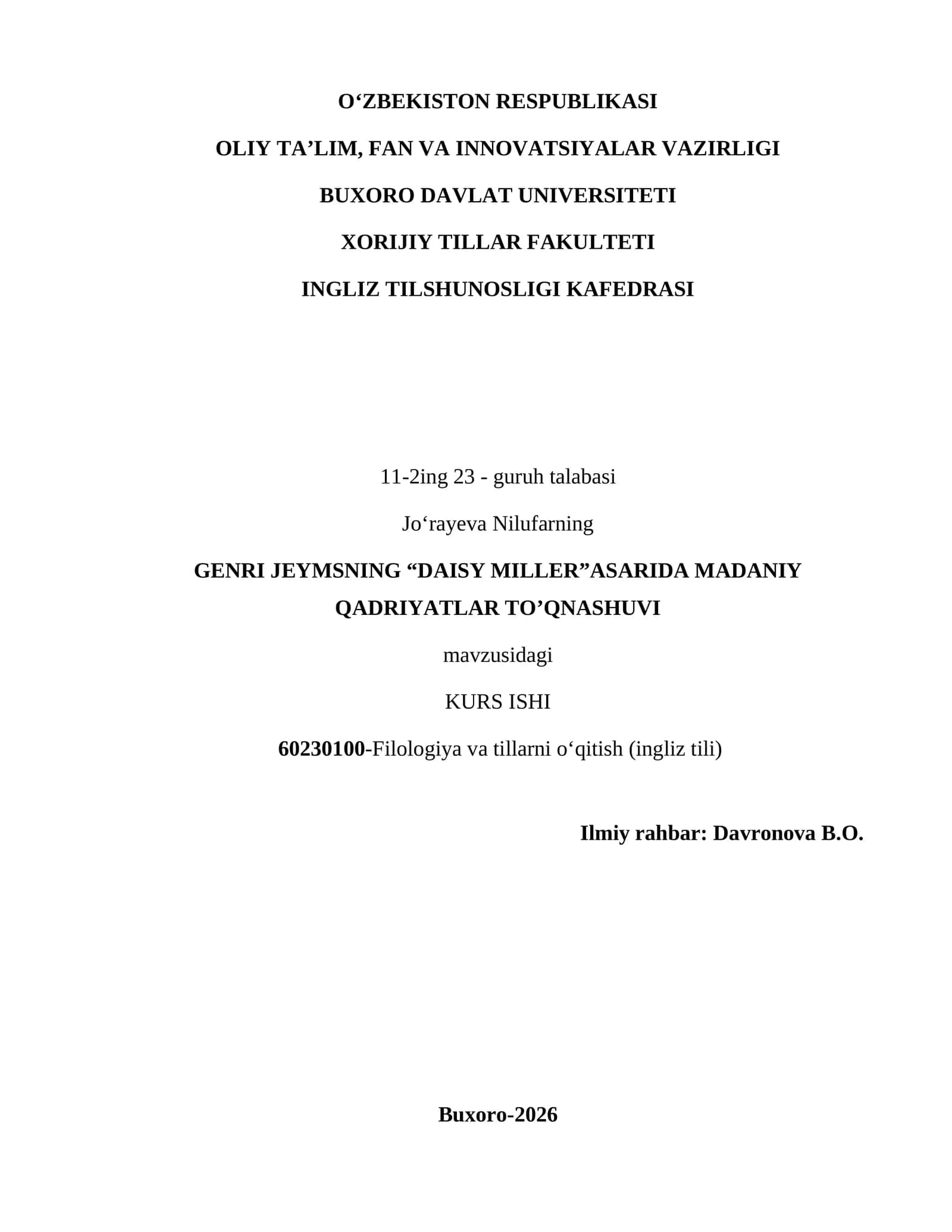 GENRI JEYMSNING “DAISY MILLER”ASARIDA MADANIY QADRIYATLAR TO’QNASHUVI 1
