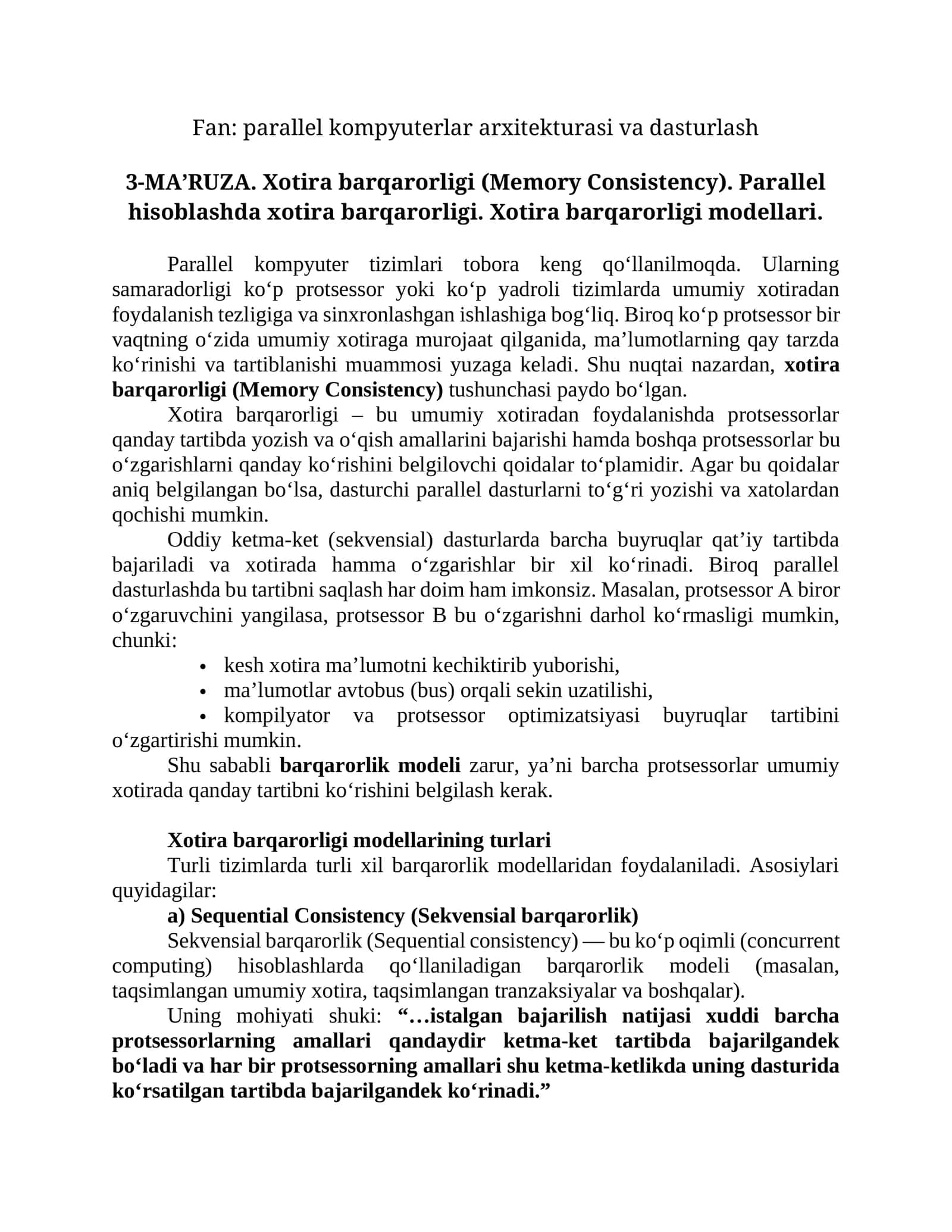 Xotira barqarorligi (Memory Consistency) 1