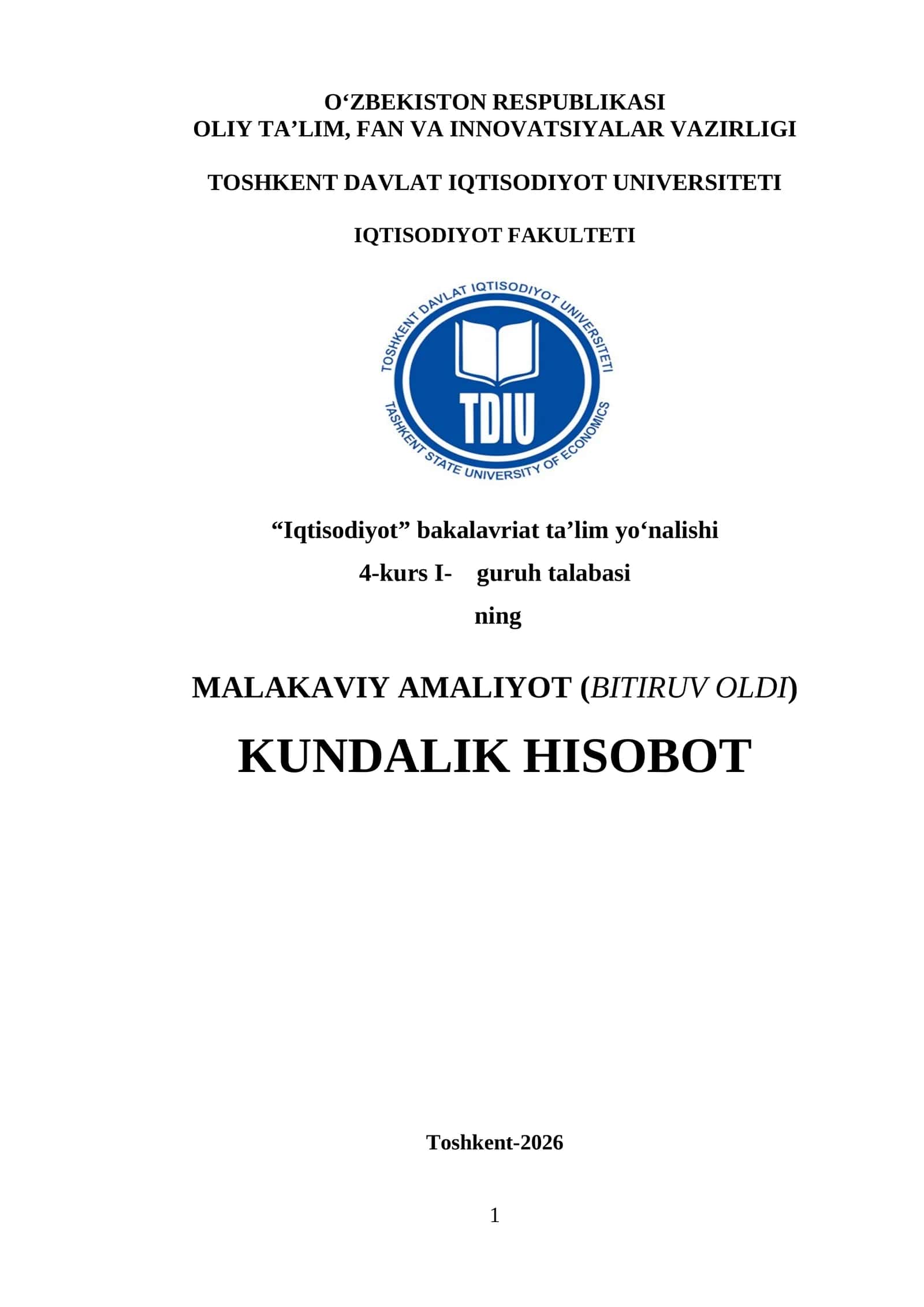 Qurilish va muhandislik sohasida faoliyat yurituvchi korxona MCHJ Amaliyot hisoboti. 1