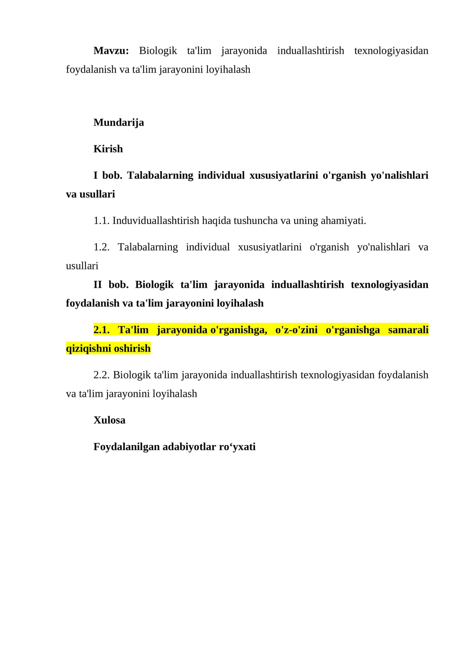 Biologik ta'lim jarayonida induallashtirish texnologiyasidan foydalanish va ta'lim jarayonini loyihalash 1