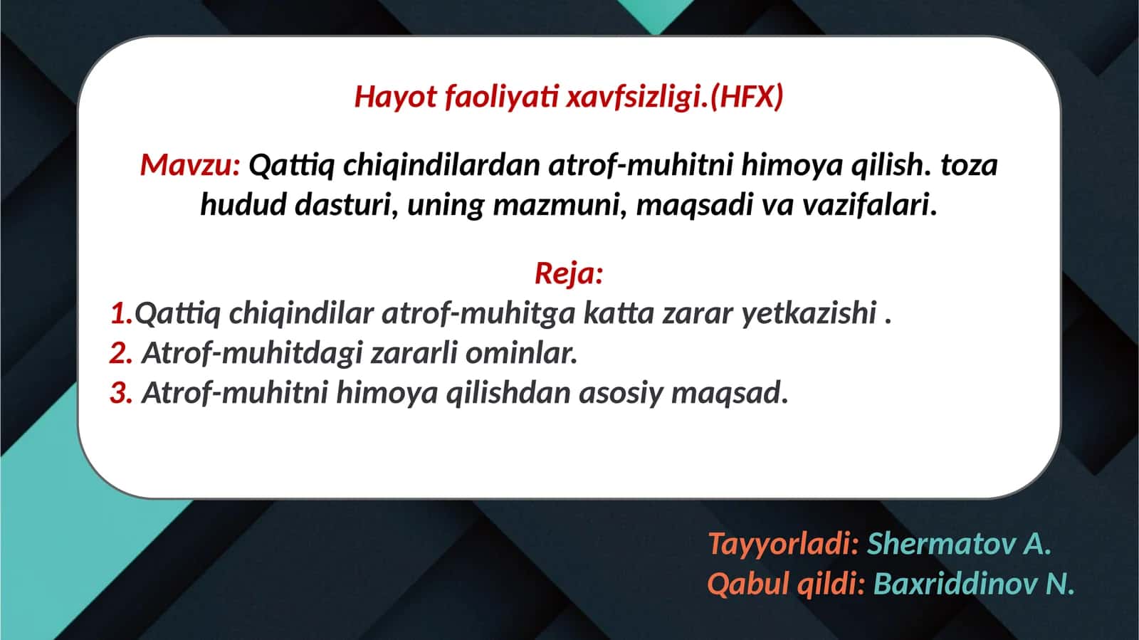 Hayot faoliyatixavfsizligi (HFX) 1