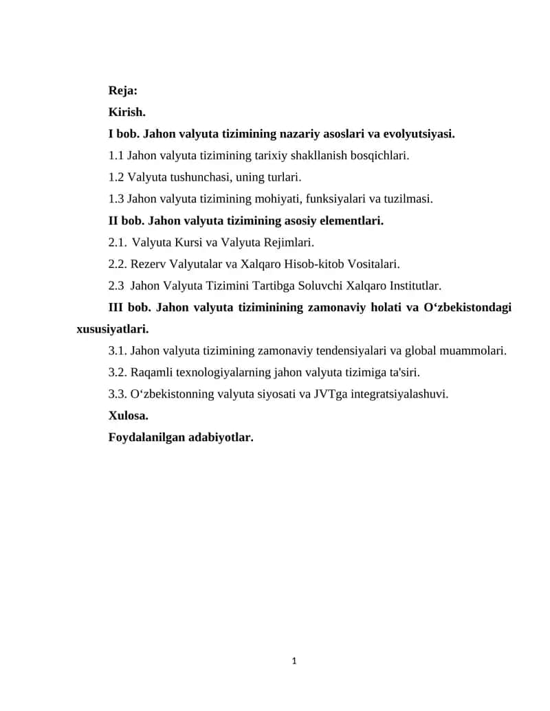 Jahon Valyuta Tizimi kurs ishi 1