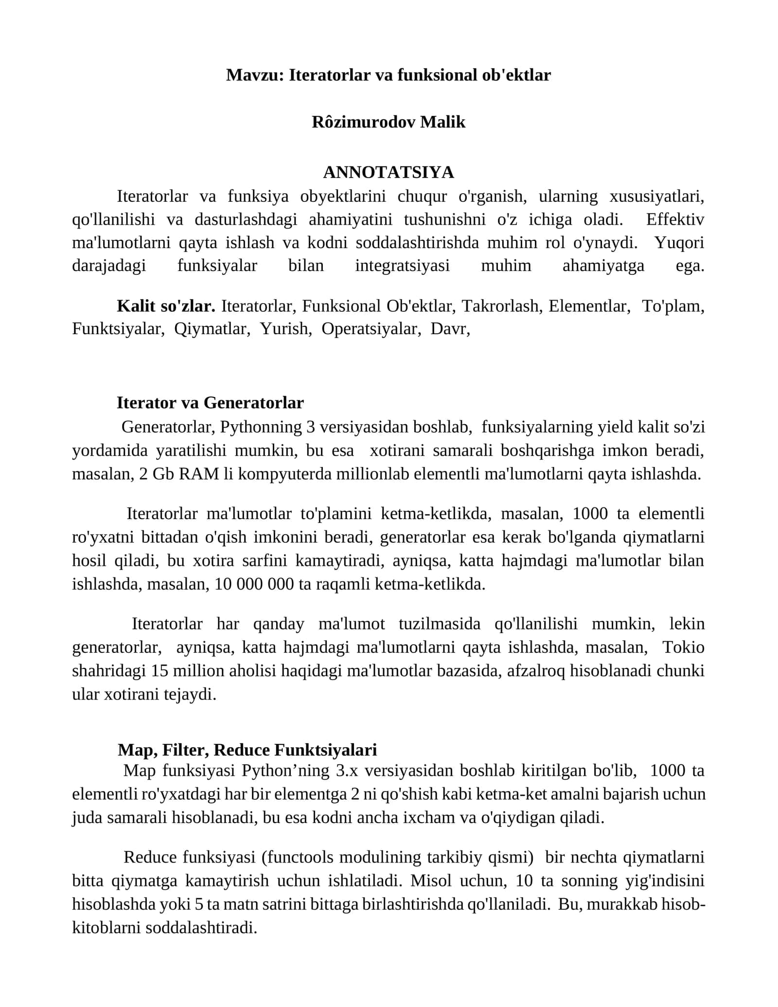 Iteratorlar va funksional ob'ektlar 1