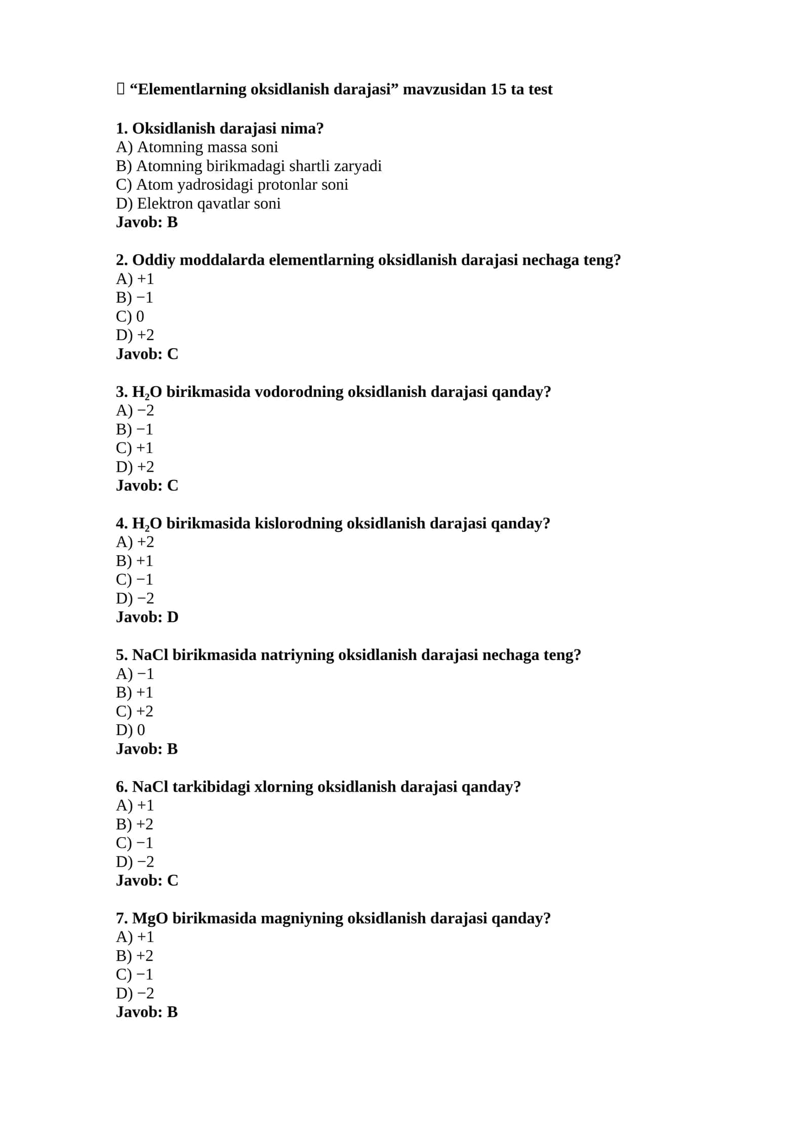 Elementlarning oksidlanish darajasi 1