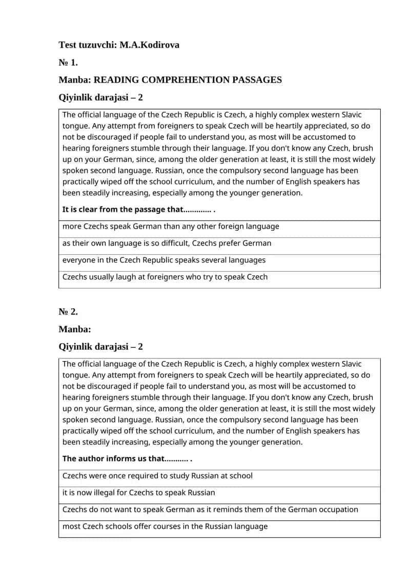 READING COMPREHENTION PASSAGES 1