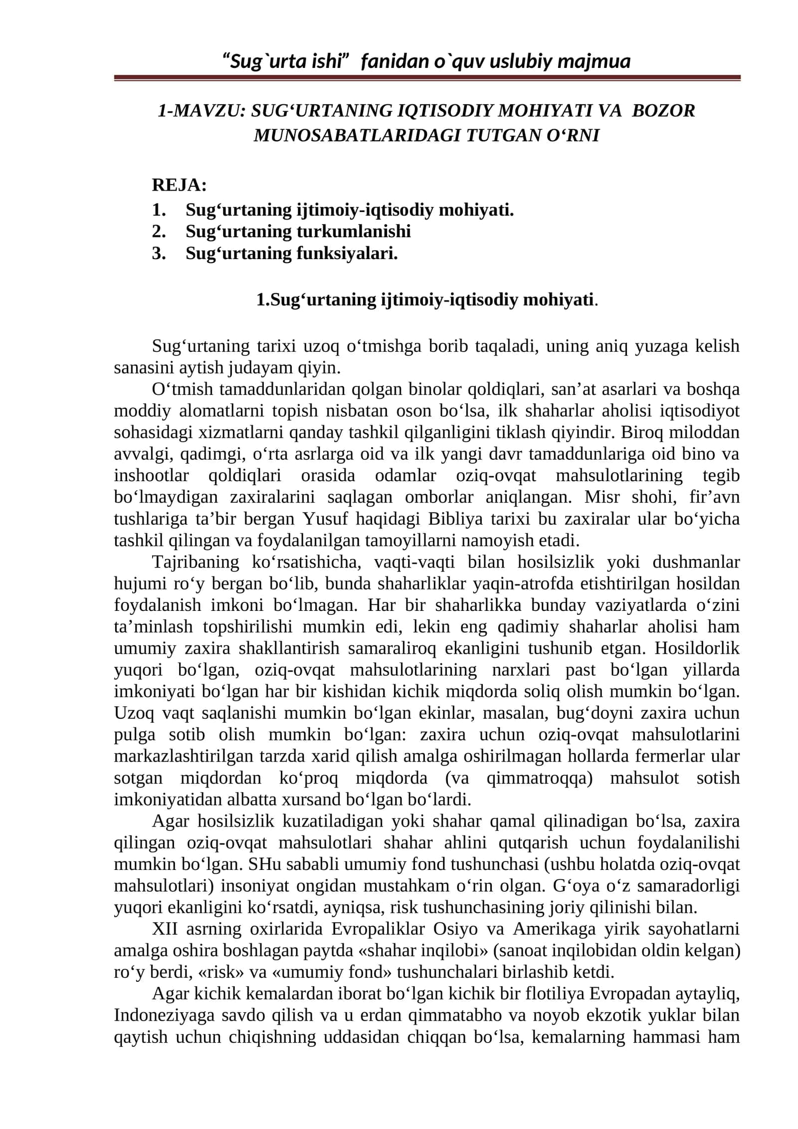Sug‘urtaning iqtisodiy mohiyati va bozor munosabatlari 1