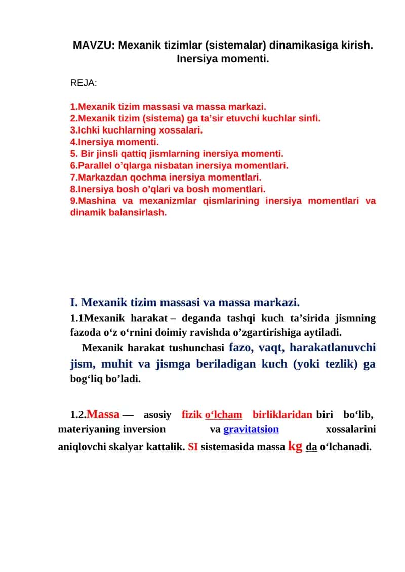 Mexanik tizimlar (sistemalar) dinamikasiga kirish. Inersiya momenti. 1