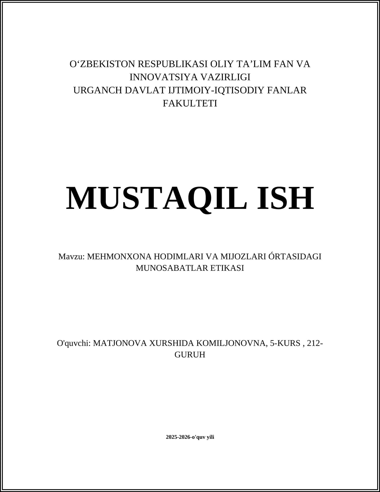 MEHMONXONA HODIMLARI VA MIJOZLARI ÓRTASIDAGI MUNOSABATLAR ETIKASI 1