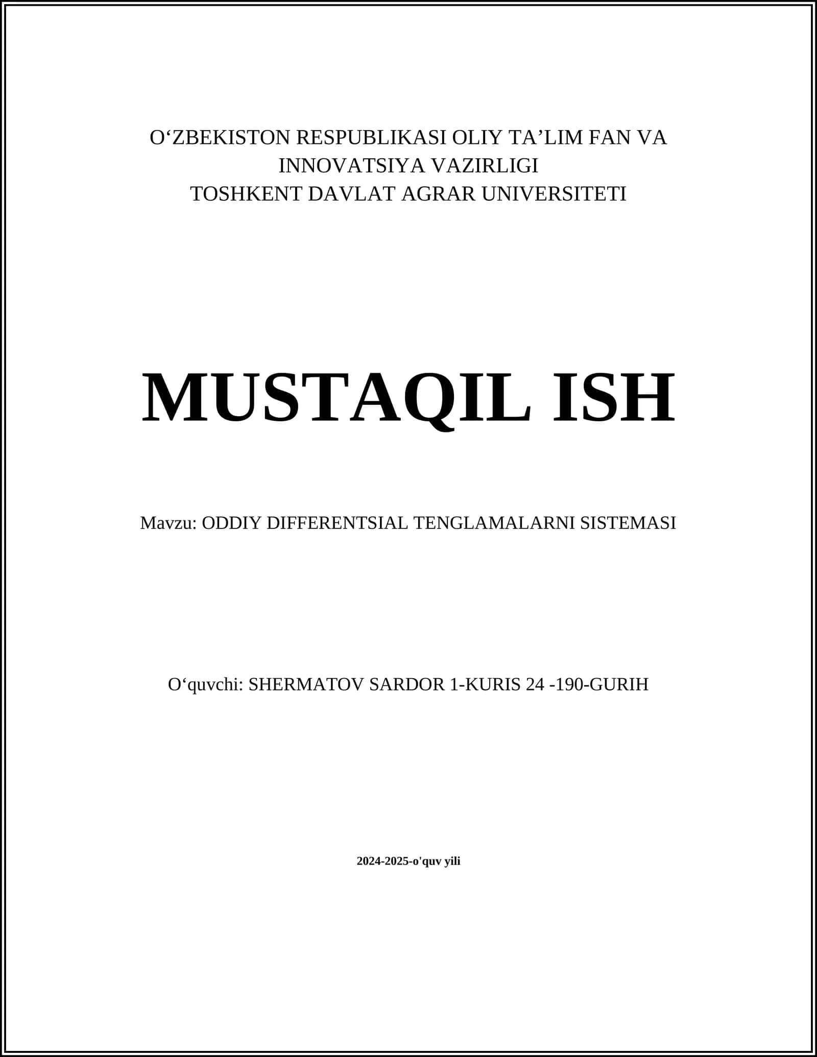 ODDIY DIFFERENTIAL EQUATIONS SYSTEM 1