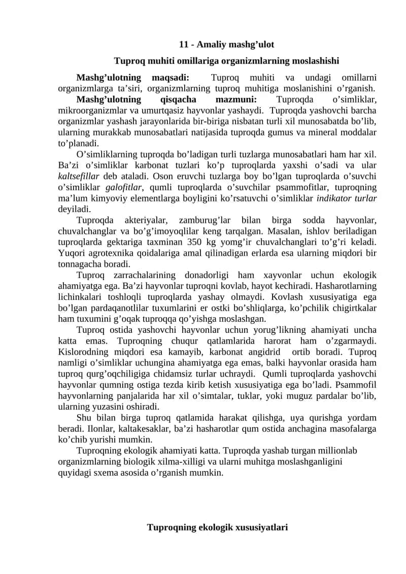 Tuproq muhiti omillariga organizmlarning moslashishi 1