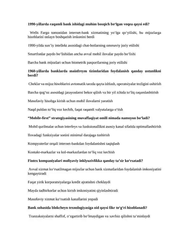 Raqamli bank ishi yakuniy testlar toplami