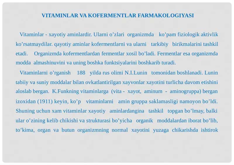 VITAMINLAR VA KOFERMENTLAR FARMAKOLOGIYASI 1