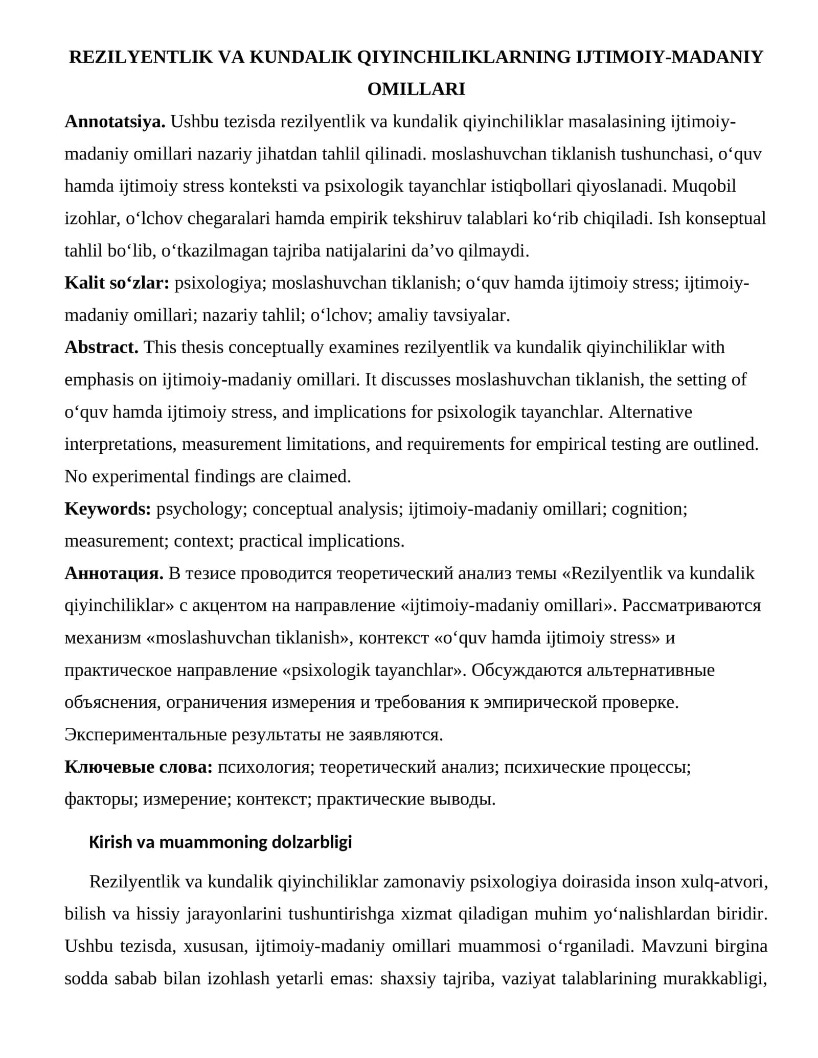 REZILYENTLIK VA KUNDALIK QIYINCHILIKLARNING IJTIMOIY-MADANIY OMILLARI 1