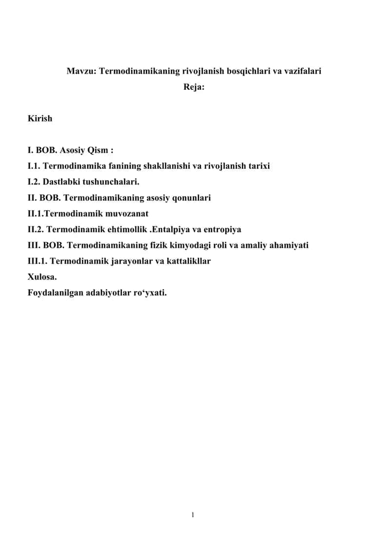 Termodinamikaning rivojlanish bosqichlari va vazifalari kurs ishi 1