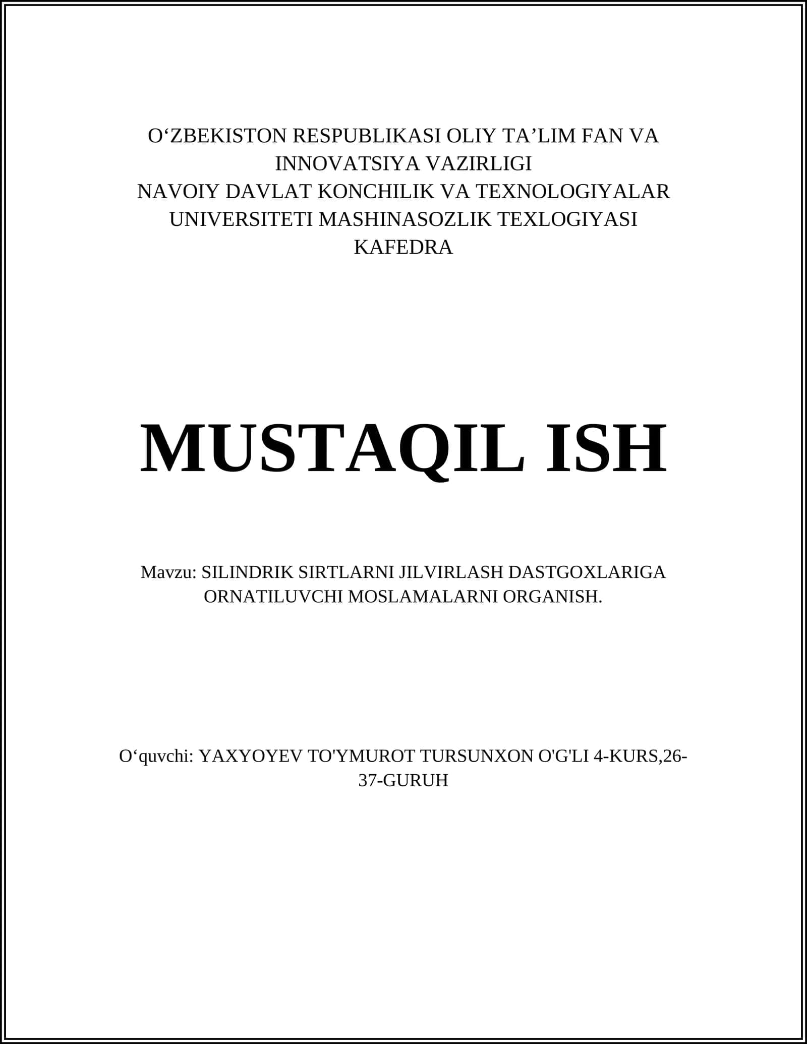 SILINDRIK SIRTLARNI JILVIRLASH DASTGOXLARIGA ORNATILUVCHI MOSLAMALARNI ORGANISH 1