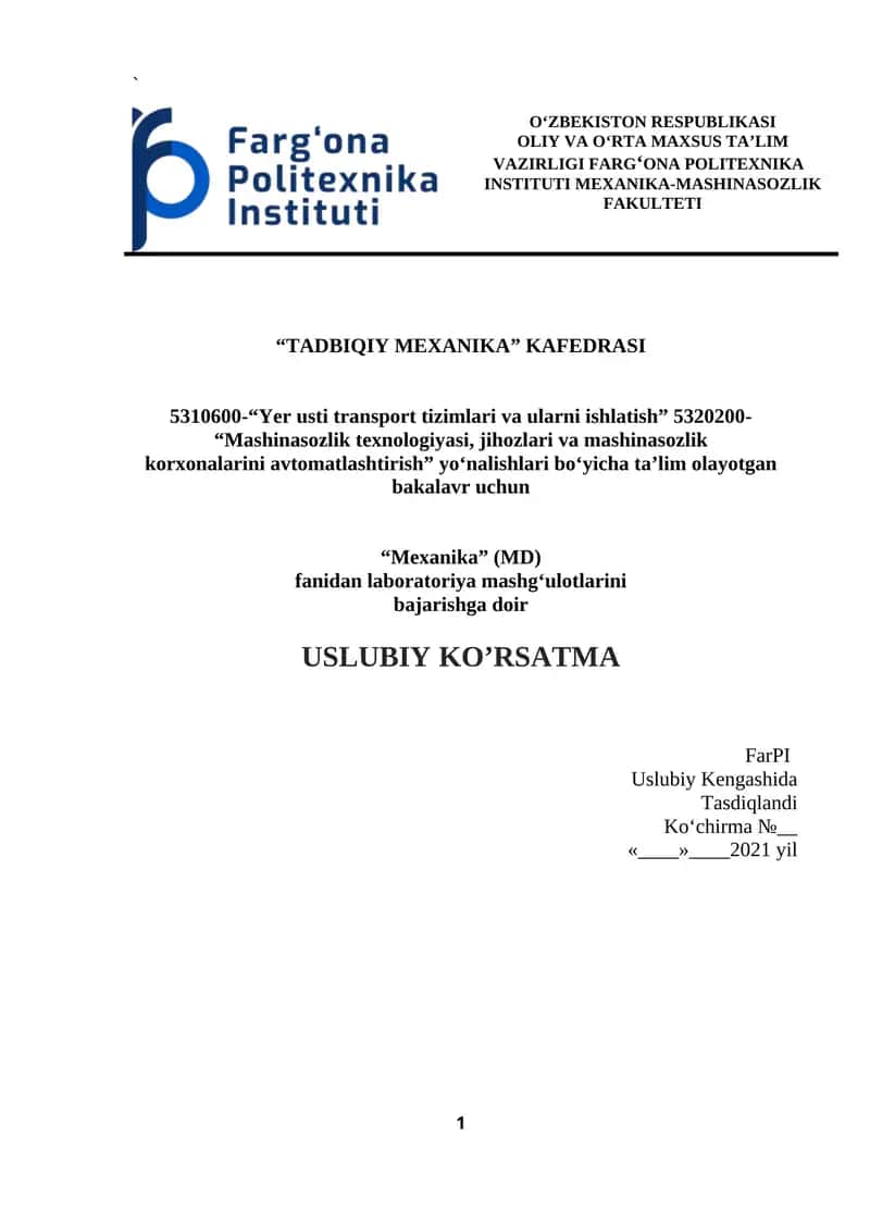 Mashina detallari fanidan laboratoriya mashg'ulotlarini bajarish uchun Uslubiy ko'rsatma 1