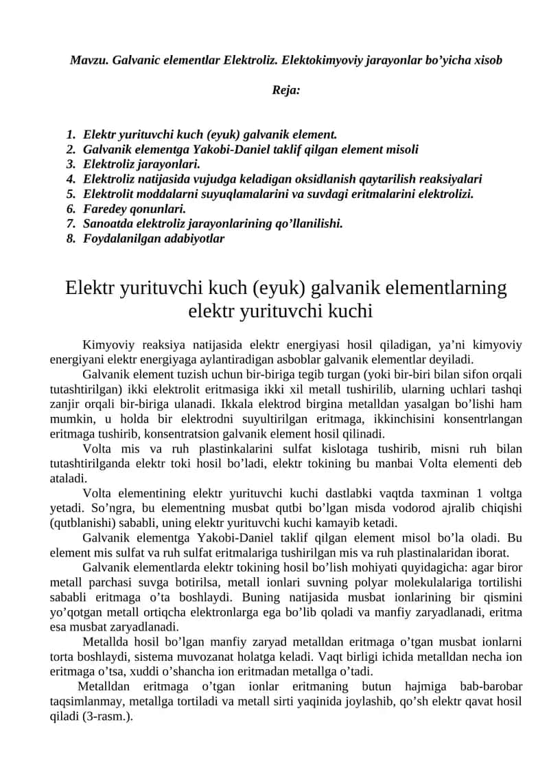Galvanic Elementlar Elektroliz 1