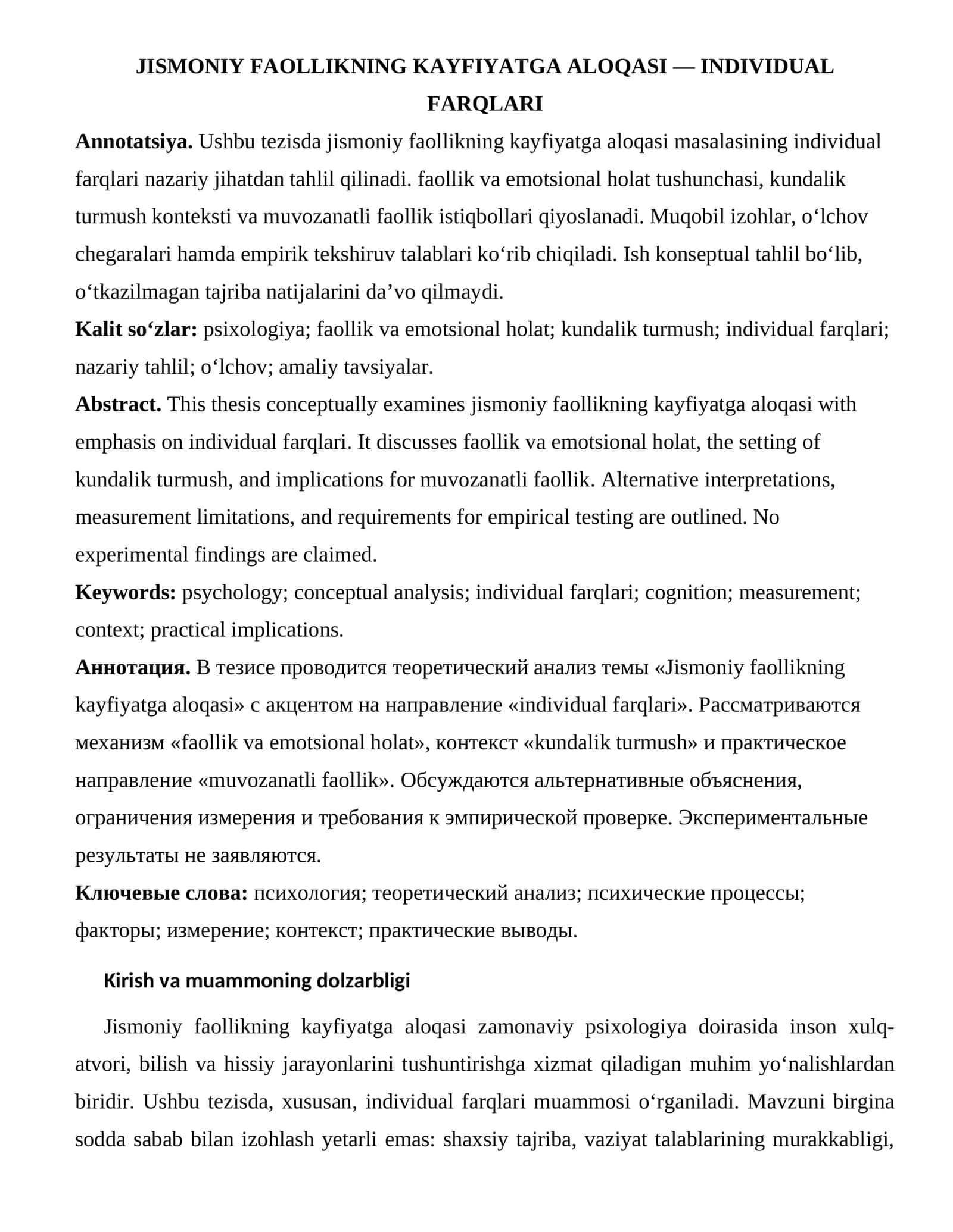 JISMONIY FAOLLIKNING KAYFIYATGA ALOQASI - INDIVIDUAL FARQLARI 1