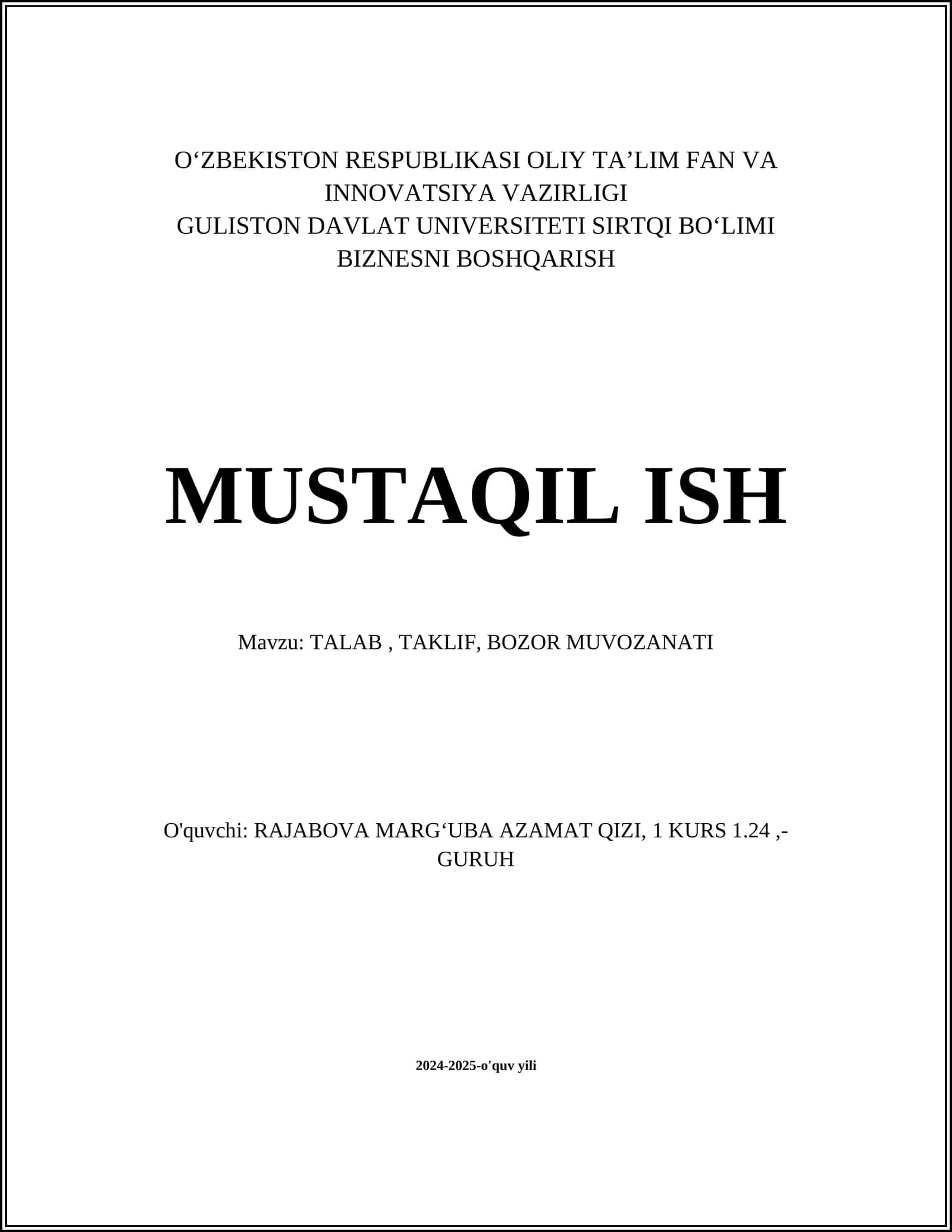 TALAB, TAKLIF, BOZOR MUVOZANATI 1