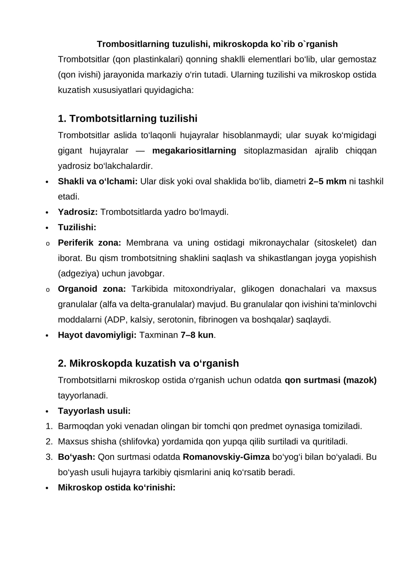 Trombositlarning tuzulishi, mikroskopda ko`rib o`rganish 1