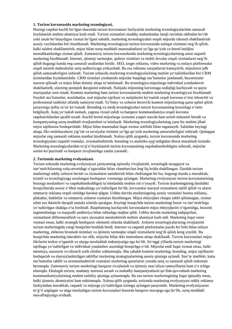 Turizm korxonasida marketing texnologiyasi 1