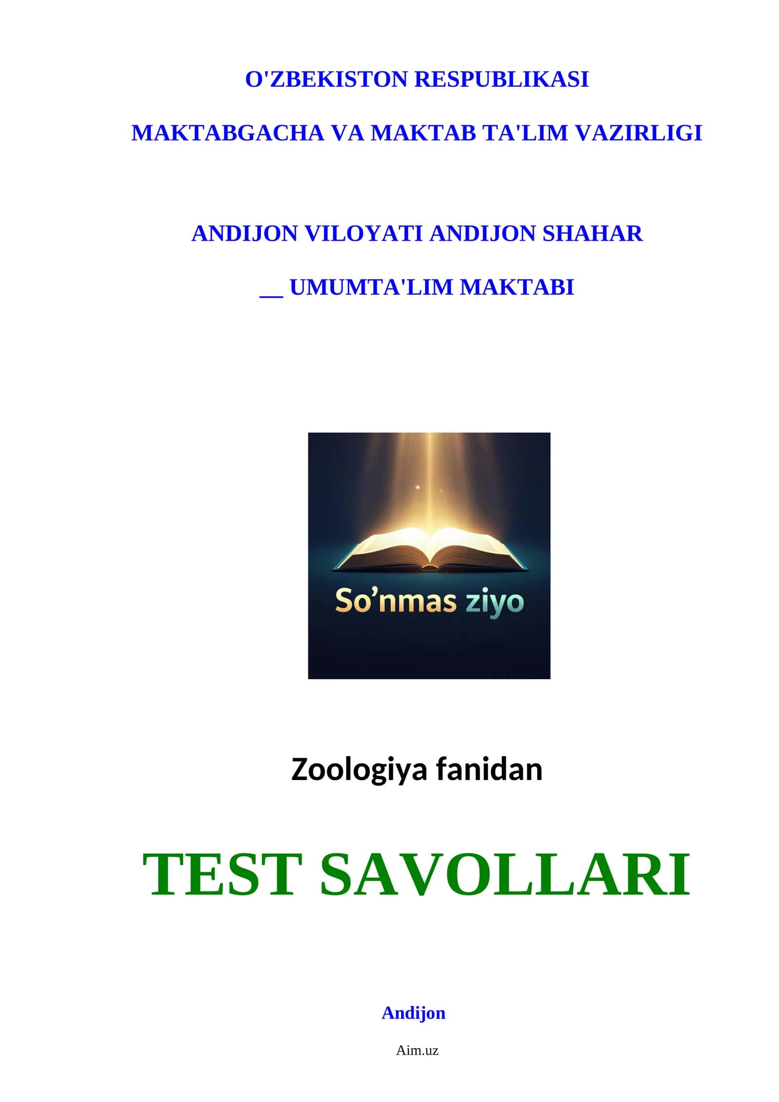 Zoologiya fanidan TEST SAVOLLARI 1