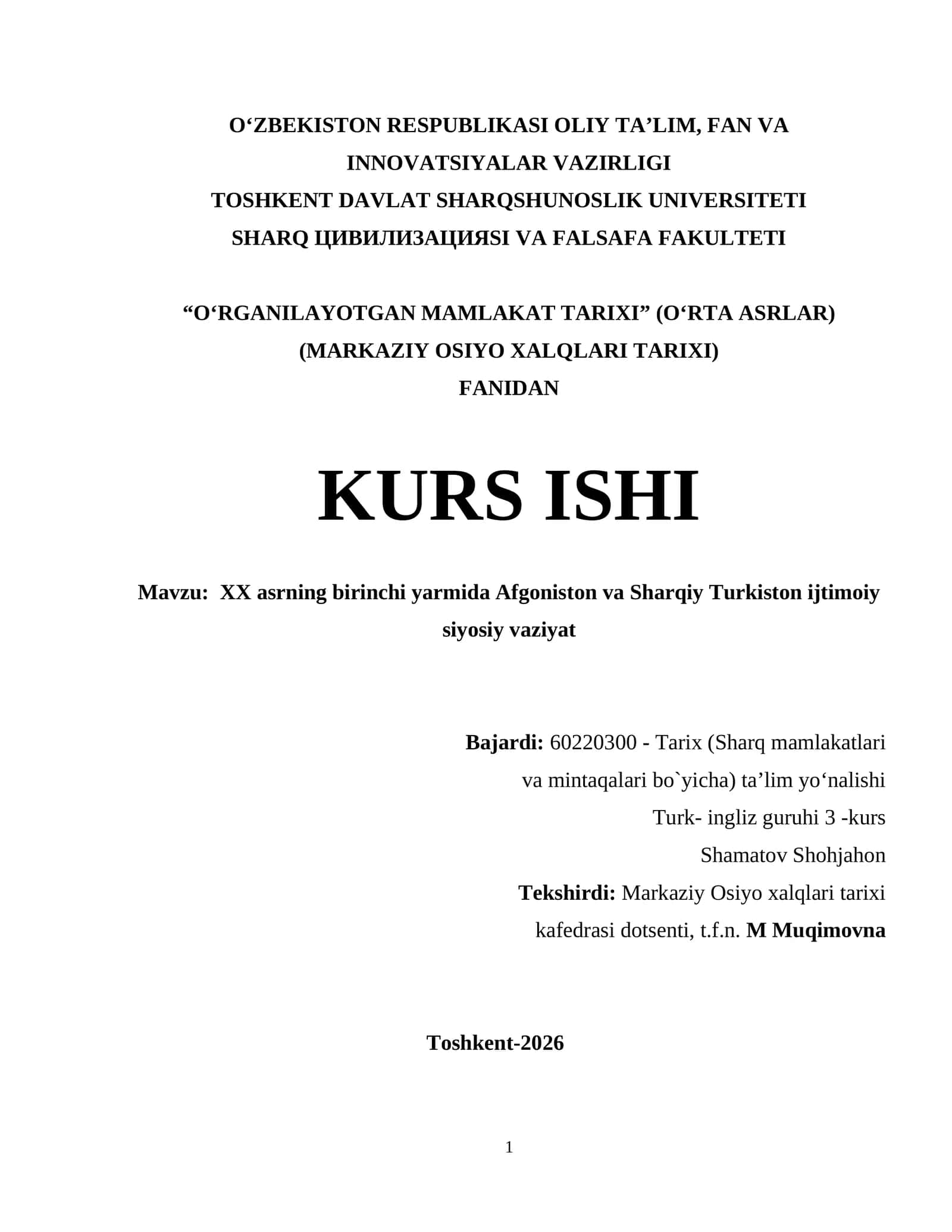 XX asrning birinchi yarmida Afgoniston va Sharqiy Turkiston ijtimoiy siyosiy vaziyat (Sharq mamlakatlari va mintaqalari) 1