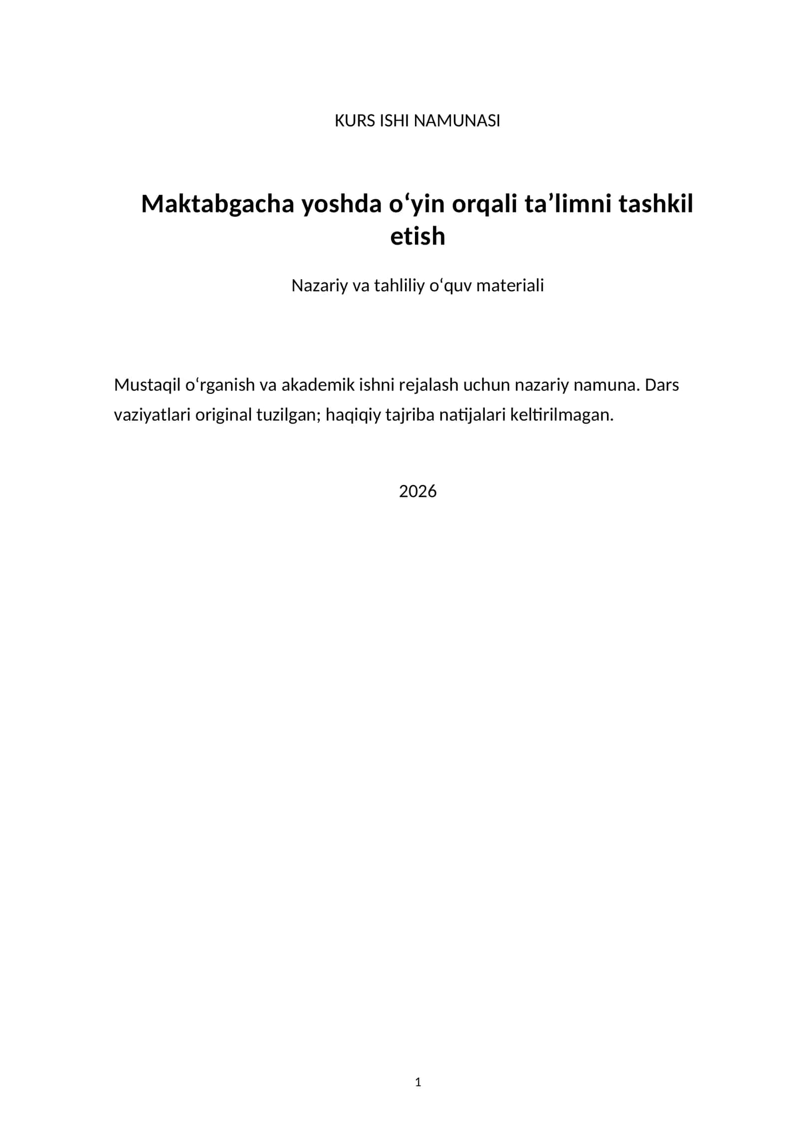 Maktabgacha yoshda o‘yin orqali ta’limni tashkil etish — kurs ishi namunasi 1