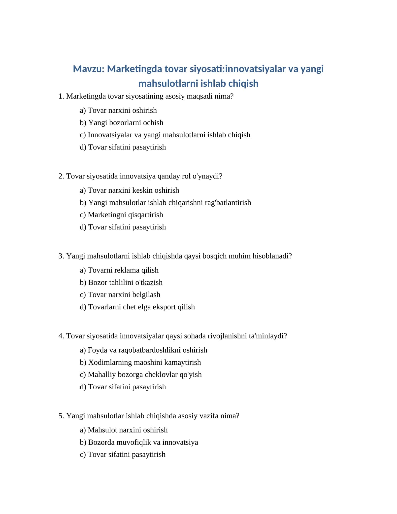 Marketingda tovar siyosati:innovatsiyalar va yangi mahsulotlarni ishlab chiqish 1
