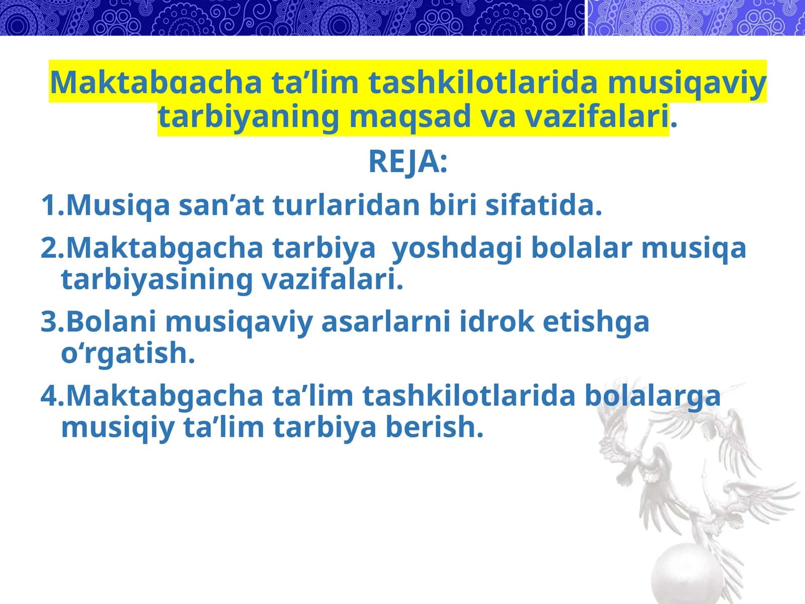 Maktabgacha ta’lim tashkilotlarida musiqaviy tarbiyaning maqsad va vazifalari 1