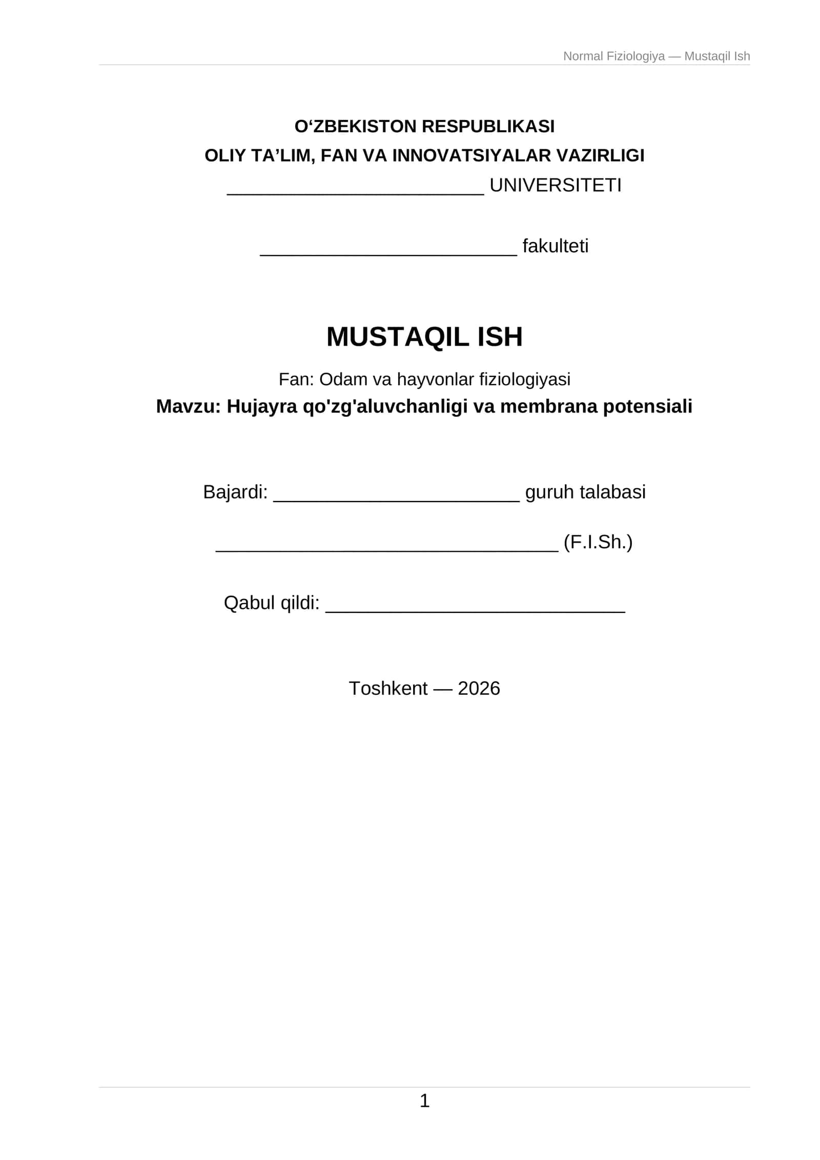 Hujayra qo'zg'aluvchanligi va membrana potensiali 1