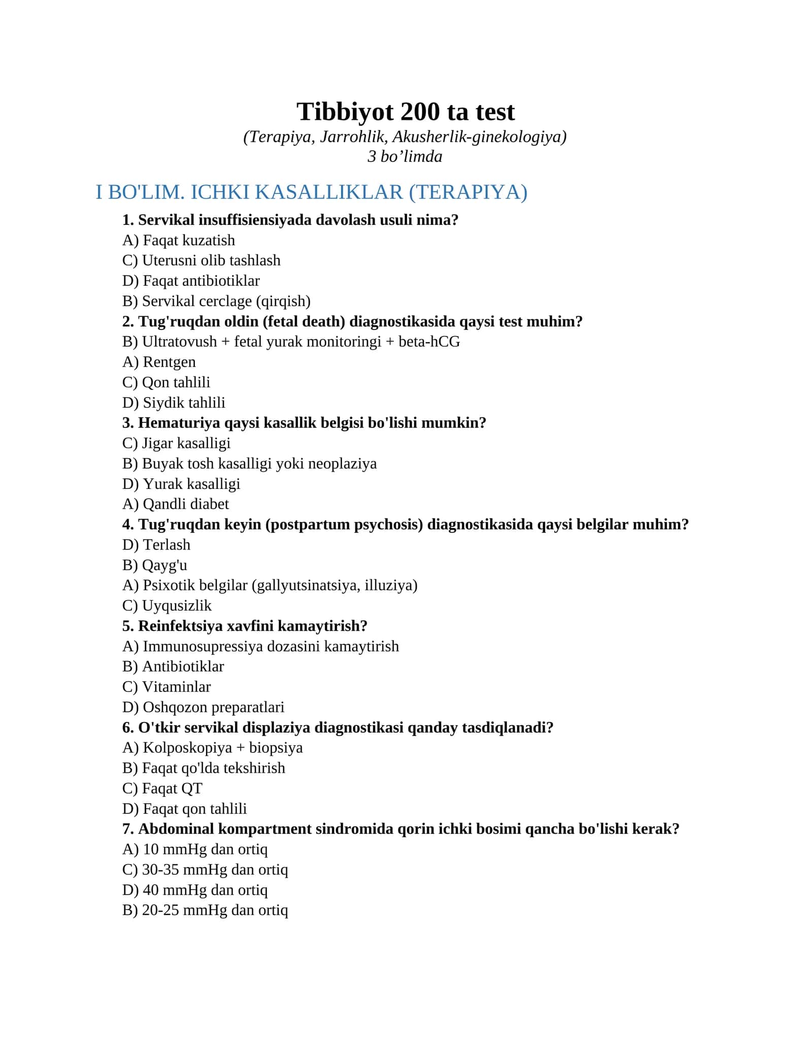 Tibbiyot 200 ta test 1